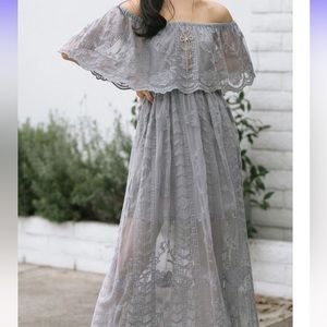 New without tags, never been worn maxi size small gray lace off shoulder dress